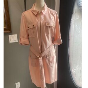 Sharagano Pink Utility Shirt Dress Zip Front Belted Cargo Pockets Size 14 NWT